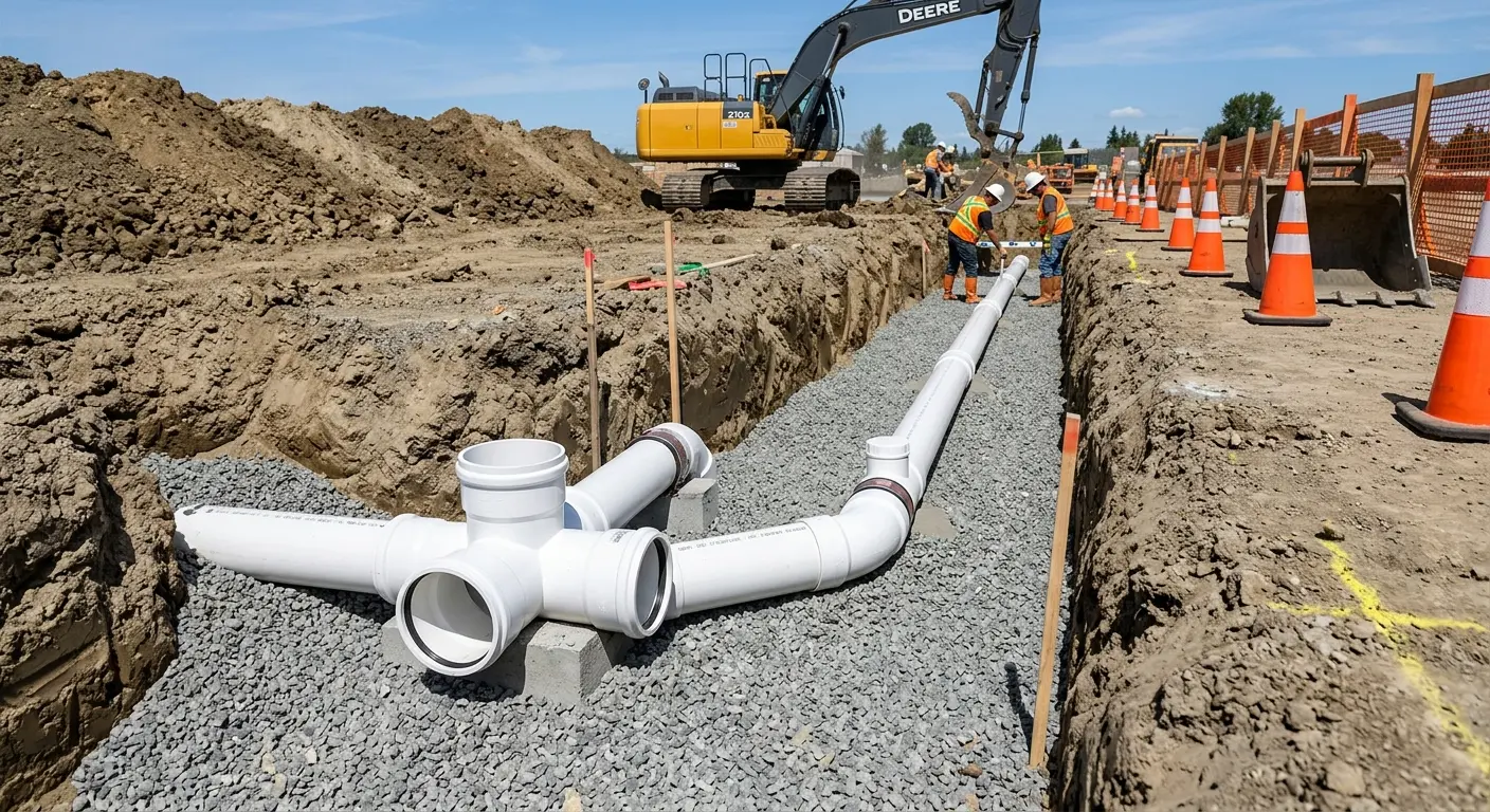 New PVC sewer pipe installation in open trench for Sewer Backup in Yarmouth
