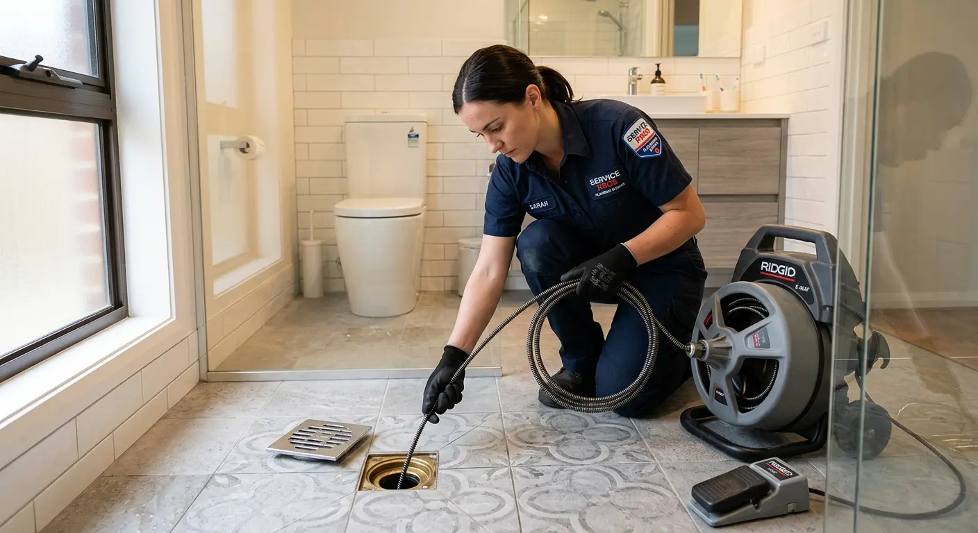 Technician clearing a bathroom floor drain for Sewer Line Replacement in Yarmouth